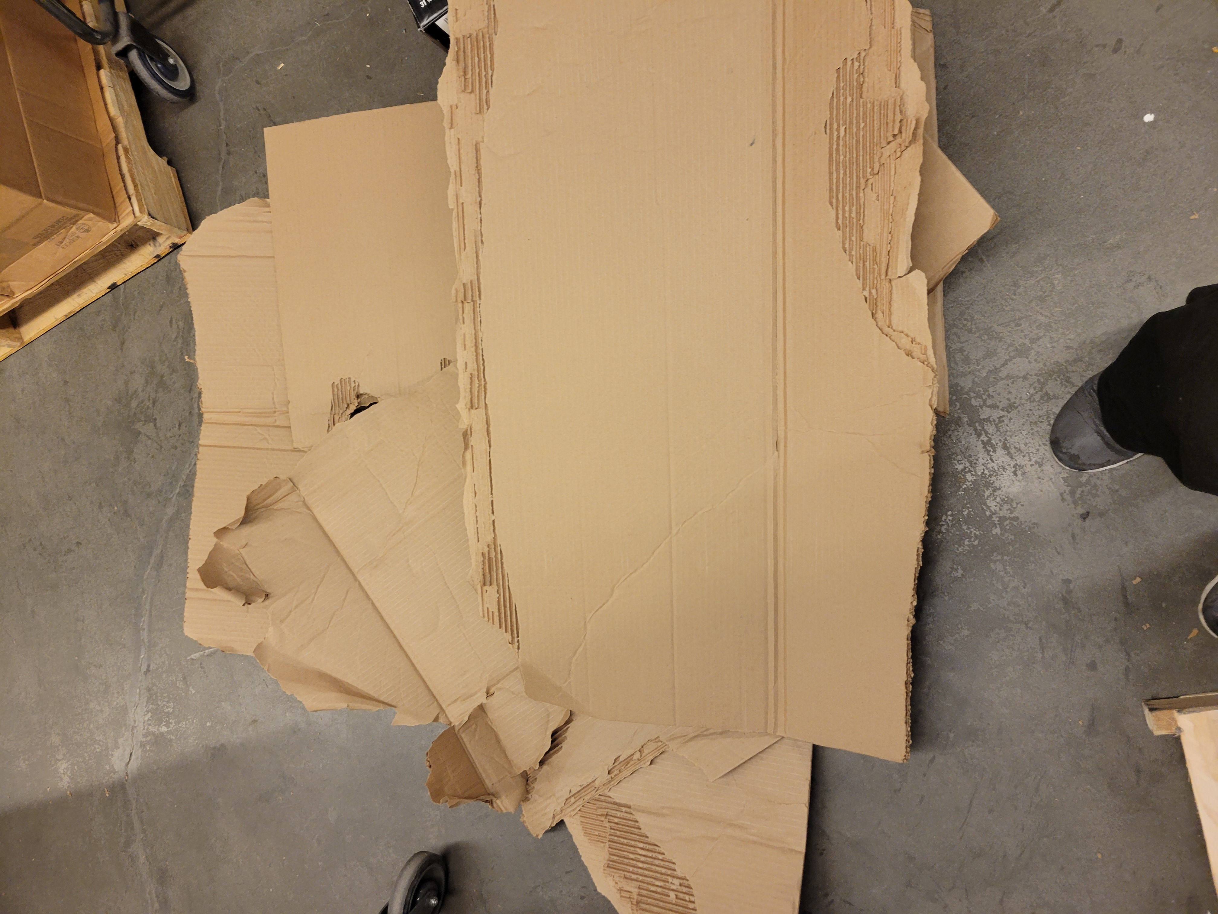 Pieces of cardboard containers on the floor.